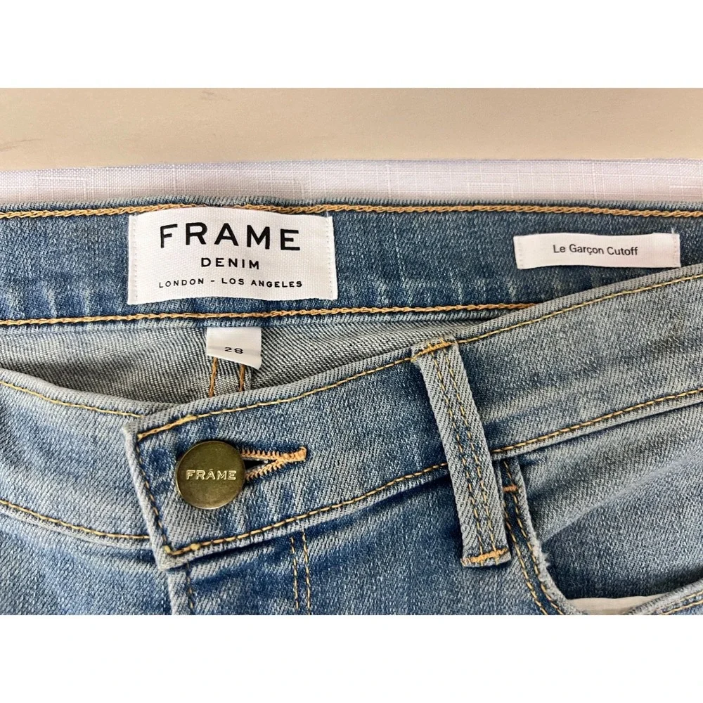 FRAME Le Garcon Cutoff Shorts Womens 28 Blue Excellent Distressed Zuma Beach